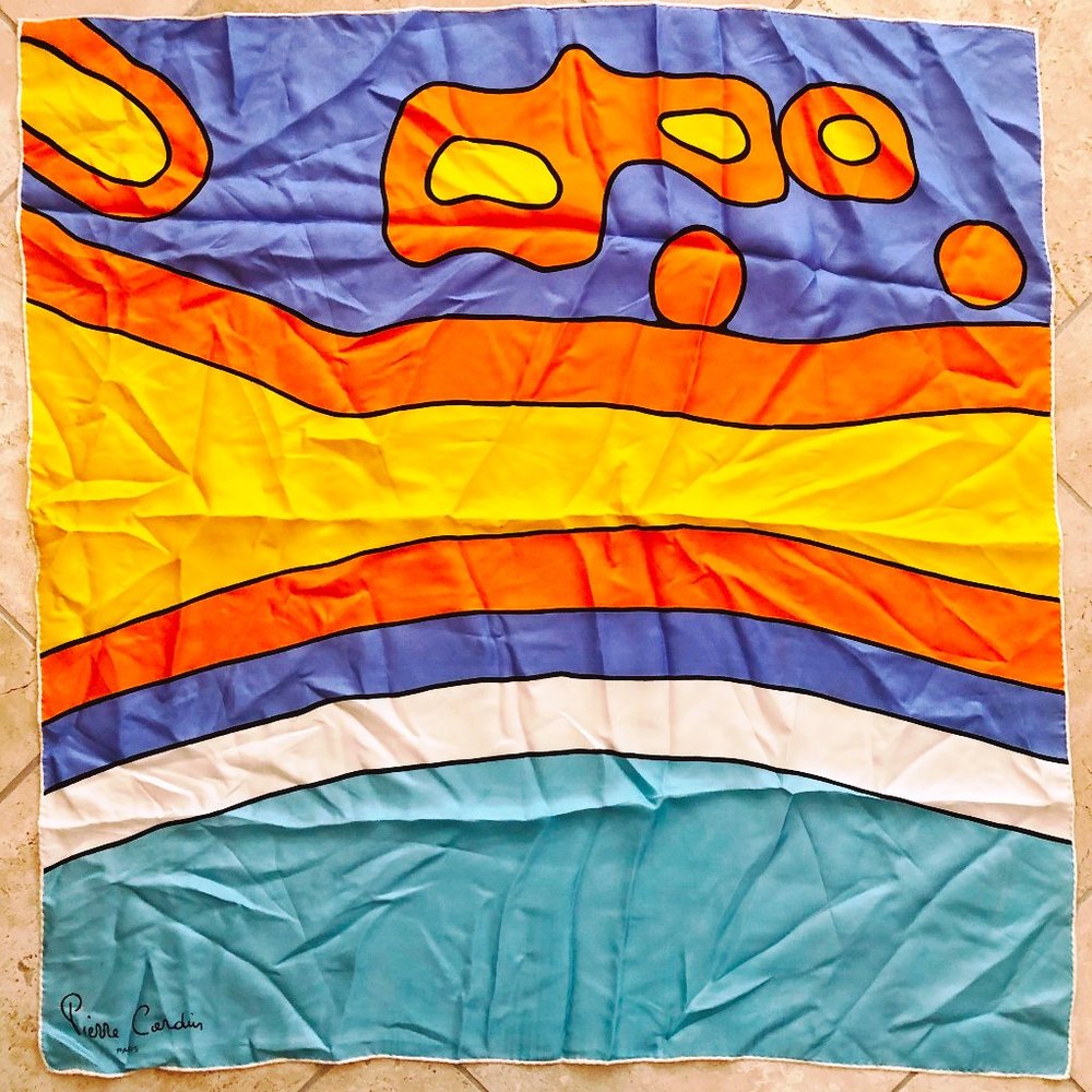 Vintage Rare Pierre Cardin Paris Silk Scarf 60s Blue Yellow Multicolor EUC